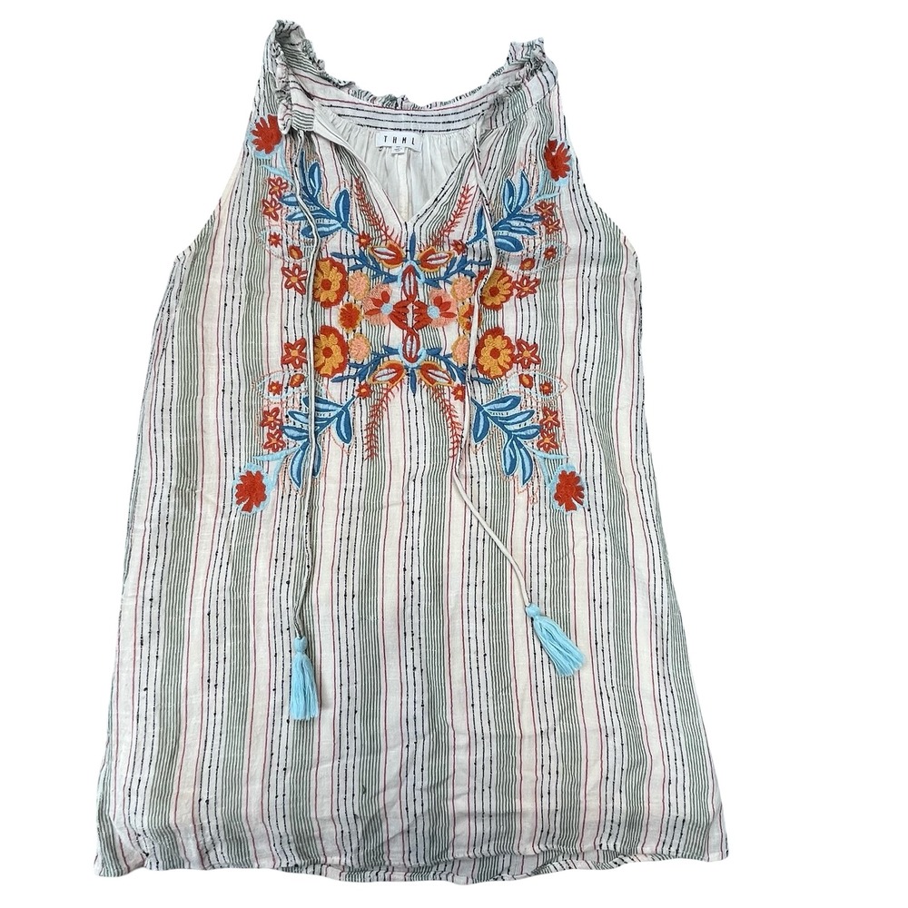 THML Womens Embroidered Boho Mini‎ Dress Cream Green Striped Tassel XS